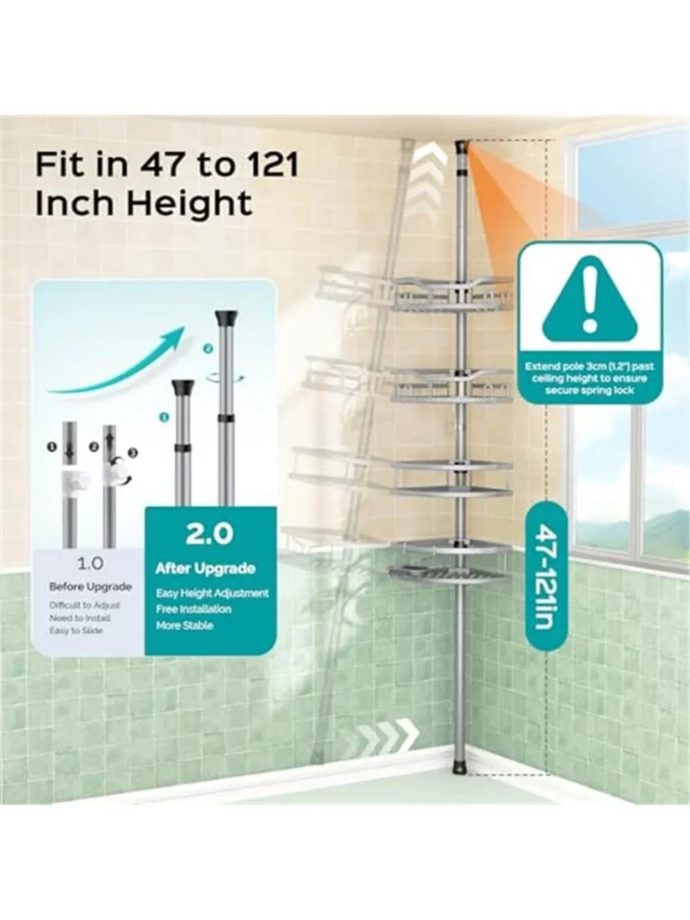 Corner Shower Caddy Tension Pole: Rustproof Stable 4-Tier Bathroom Organizer